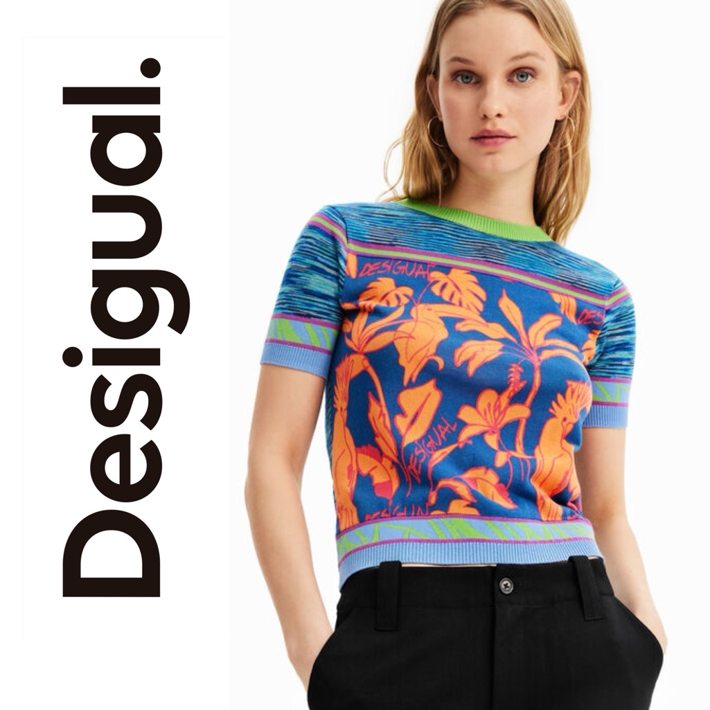 Desigual Knit Tropical Birds Short Sleeve Tee Knit Top Plus Size Xxl Nwot